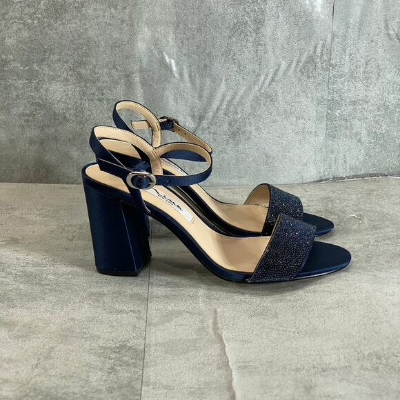 NINA Women's New Navy Satin Haven Rhinestone Ankle-Strap Block-Heel Sandals - Picture 4 of 10
